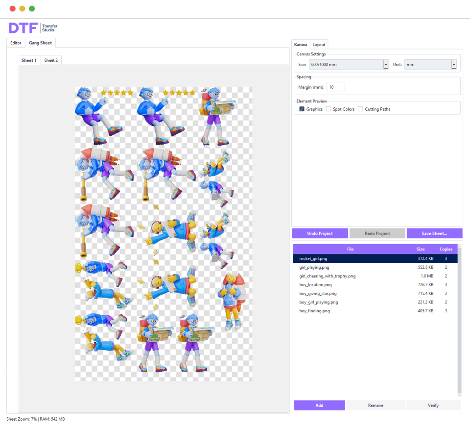 A perfectly nested DTF gang sheet created with DTF Transfer Studio software